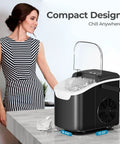 Antarctic Star black countertop ice maker with clear lid and ice bucket, compact home appliance.