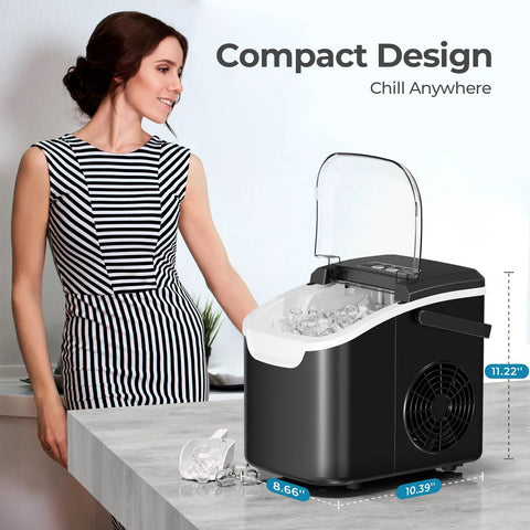 Antarctic Star black countertop ice maker with clear lid and ice bucket, compact home appliance.