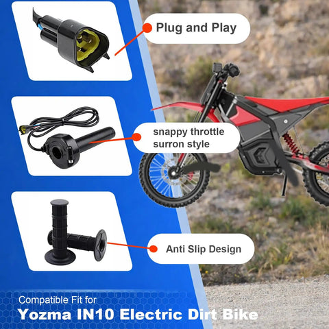 Full Twist Throttle Handle With Rolling Bearing And Cable Kit For IN10 Valtinsu Strike Shadow SX Electric Dirt Bike Includes Male Connector Black Built shown with plugs and dirt bike.