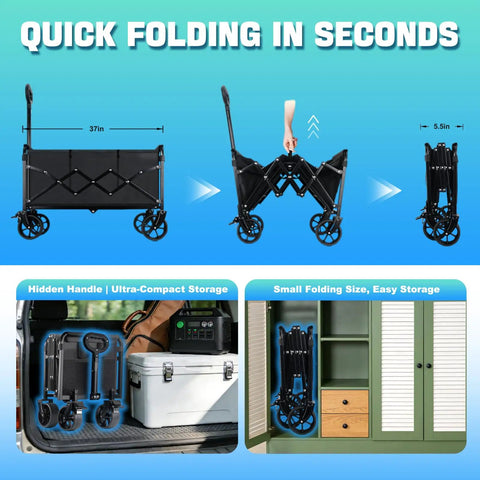 500 Pound All Terrain Collapsible Wagon with Foldable Table shown folding compactly and stored in car and closet