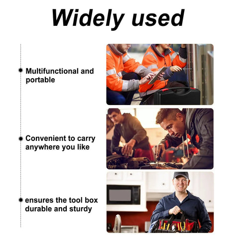 Heavy Duty Portable Plastic Toolbox With Reinforced Grip Handle Massive Multipurpose Storage Organizer For Quick Trades Shop Grind And Everyday Gear Hauling, shown in multiple uses by tradespeople.