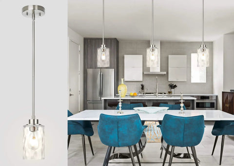 Clear Glass Pendant Light With Brushed Nickel Finish, 1 Light Modern Mini Pendant For Kitchen Island, shown in dining area