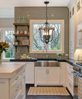 Farmhouse 4 Light Cage Chandelier With Black Metal Finish And Faux Wood Rustic Lantern Pendant Light in kitchen space
