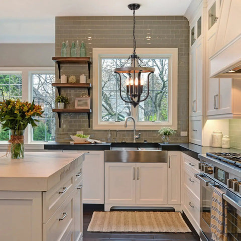 Farmhouse 4 Light Cage Chandelier With Black Metal Finish And Faux Wood Rustic Lantern Pendant Light in kitchen space