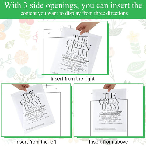 Three Pack 8.5x11 Clear Slat Wall Sign Holders For Menus And Flyers showing top and side openings for easy insertion of papers.