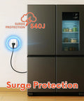 Slick Compact Single Outlet Surge Protector With Flat Plug And Led Indicator For Fridges Computers Tvs And Home Electronics Sweet 540 Joule Power Spike Shield 15 Amp Wall Mount Guard connected to a refrigerator.