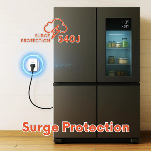 Slick Compact Single Outlet Surge Protector With Flat Plug And Led Indicator For Fridges Computers Tvs And Home Electronics Sweet 540 Joule Power Spike Shield 15 Amp Wall Mount Guard connected to a refrigerator.