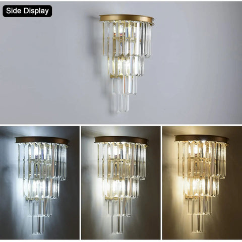 Slick Gold Crystal Four Tier Wall Sconce Lighting side view dimmable with E12 sockets and K9 crystals glowing