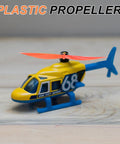 Yellow toy helicopter featuring red 6 inch plastic propeller blades with hooks for helicopter kits, ideal for STEM projects.