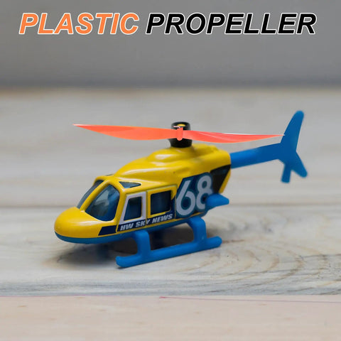 Yellow toy helicopter featuring red 6 inch plastic propeller blades with hooks for helicopter kits, ideal for STEM projects.