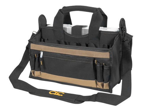 16 Inch Center Tray Tool Bag With 16 Pockets Built Tough Heavy Duty Tool Organizer For Pros Outside And Inside Pockets Padded Handles And Adjustable Shoulder Strap For Easy Carry
