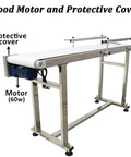 Heavy Duty Industrial Flat Conveyor Belt Built Like A Tank With Adjustable Guardrails Stainless Steel Frame Variable Speed Motor showing protective cover and 60w motor.