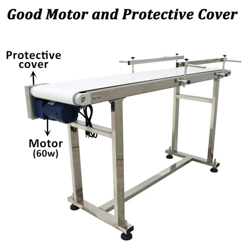 Heavy Duty Industrial Flat Conveyor Belt Built Like A Tank With Adjustable Guardrails Stainless Steel Frame Variable Speed Motor showing protective cover and 60w motor.