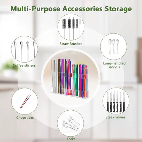 Premium Acrylic Straw Holder For Cabinet Door Split Design Hella Spacious Tumbler Organizer With Adjustable Height And Ultra Sticky Backing For Quick Kitchen Organization Upgrades showcasing multi-purpose storage for straws and utensils.