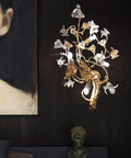 All Copper Postmodern Wall Lamp Featuring Sparkling Crystal Kapok Accent For Bedroom Or Hallway, artistic design with glass flowers.