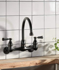 Elmhurst Two-Handle Wall-Mount Kitchen Faucet Oil-Rubbed Bronze, 8-Inch Spout Reach, high-arc gooseneck swivel in modern kitchen