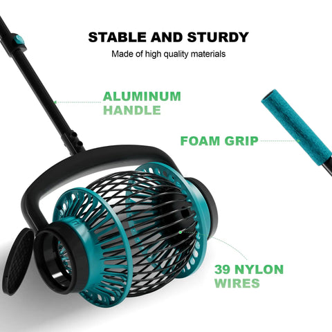 No Bending Tennis Ball Picker Roller With Telescopic Handle Quick Rolling Ball Collector showing aluminum handle and 39 nylon wires
