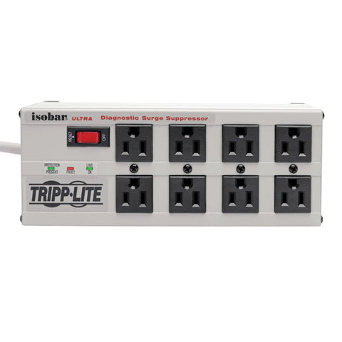 Front view of Isobar 8 Outlet Surge Protector Power Strip With 25 Foot Cord, Right Angle Plug, Metal Housing, Diagnostic LED