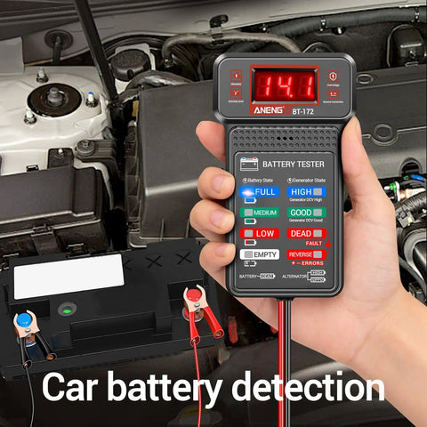 12V Car Battery Tester And Auto Voltmeter With Alternator Analyzer For Cars Trucks Motorcycles RVs ATVs SUVs Boats Yachts Delivers Sharp 0.01 Volt Readouts And Fast Real World Diagnostics handheld in engine bay
