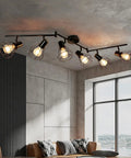 6 Light Track Lighting Fixture With Adjustable Heads In Black Wire Cage Dope Industrial Farmhouse Style Ceiling Mount For Kitchen Bedroom Hallway E26 Base Bulbs Not Included installed in modern living room
