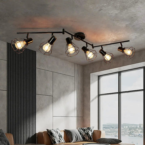 6 Light Track Lighting Fixture With Adjustable Heads In Black Wire Cage Dope Industrial Farmhouse Style Ceiling Mount For Kitchen Bedroom Hallway E26 Base Bulbs Not Included installed in modern living room