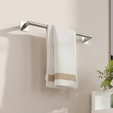 Brushed Nickel 5 Piece Bath Accessory Set With 18 Inch Towel Bar And 12 Inch Hand Towel Bar Wall Mounted SUS304 Stainless Steel Modern Durable Bathroom Hardware No Fuss Install installed with towels