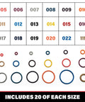 Color Coded Paintball O Ring Kit Large 360 Piece Master O Ring Set With 18 Common Sizes, color chart and individual rings