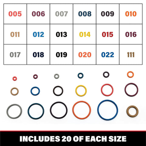 Color Coded Paintball O Ring Kit Large 360 Piece Master O Ring Set With 18 Common Sizes, color chart and individual rings