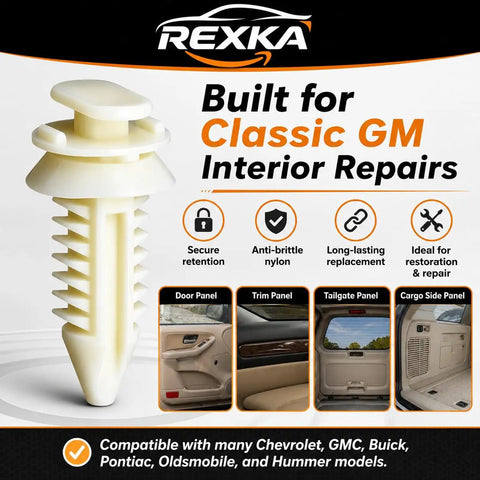 50 Pack Heavy Duty Door Panel Clips Retainers For Gmc Chevrolet Silverado Chevy Pickup Dash Trim Fastener Replacement 15545202 showing nylon trim clip for interior repairs.
