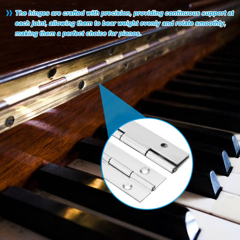 Close-up of Straight Up Heavy Duty Stainless Steel Piano Hinge 48 Inch Long By 1 5 Inch Wide on a piano, showcasing smooth motion.