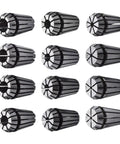 12 Piece ER16 Steel Spring Collet Set For CNC Milling Lathe Tools, 1/32 To 3/8 Inch Holding Engraving Collets, High Precision, Quick Clamp, Built Tough Steel For Stable Tooling. Assorted ER16 steel collets shown close up