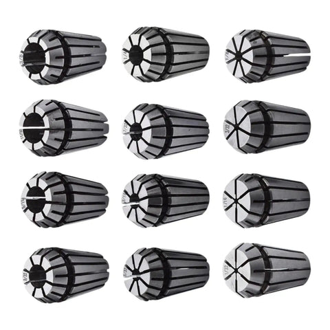 12 Piece ER16 Steel Spring Collet Set For CNC Milling Lathe Tools, 1/32 To 3/8 Inch Holding Engraving Collets, High Precision, Quick Clamp, Built Tough Steel For Stable Tooling. Assorted ER16 steel collets shown close up