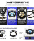 Image of 12000 BTU Propane Camping Stove with Auto Ignition, featuring components like CSA regulator and gas hose, perfect for outdoor cooking.