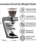 Straight Fire Conical Burr Coffee Grinder featuring precision grind by weight tech and compact sturdy design for barista use.