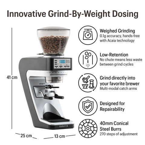Straight Fire Conical Burr Coffee Grinder featuring precision grind by weight tech and compact sturdy design for barista use.