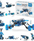 Solar Powered 25-In-1 Robot Kit For Kids Aged 8 To 12, Build 25 Different Robots with blue and white robot models displayed.