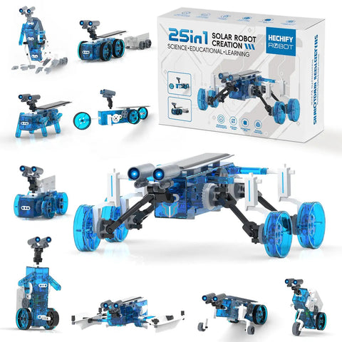 Solar Powered 25-In-1 Robot Kit For Kids Aged 8 To 12, Build 25 Different Robots with blue and white robot models displayed.