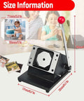 Square Magnet Button Cutter For Paper And Photos, 2x2 Inch Punch Cutter with size details, heavy-duty base and ergonomic handle