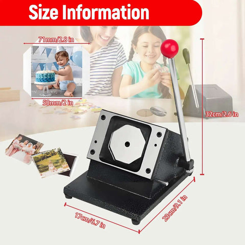 Square Magnet Button Cutter For Paper And Photos, 2x2 Inch Punch Cutter with size details, heavy-duty base and ergonomic handle