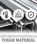 Aluminum tubing with icons showing durability and resistance, labeled as tough material.