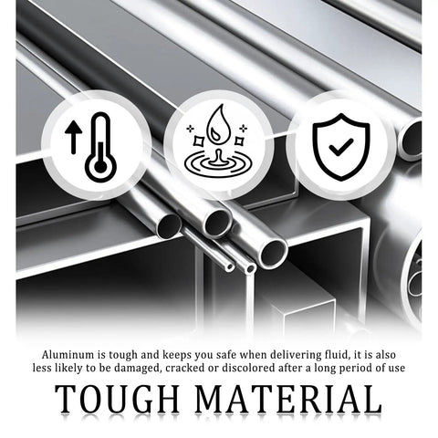 Aluminum tubing with icons showing durability and resistance, labeled as tough material.