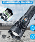 9000 Lumen Rechargeable LED Flashlight Waterproof With 5 Modes Long Battery Life Heavy Duty Aluminum Body in rain