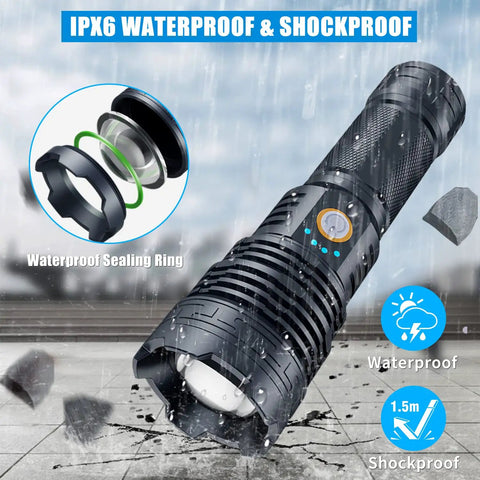 9000 Lumen Rechargeable LED Flashlight Waterproof With 5 Modes Long Battery Life Heavy Duty Aluminum Body in rain