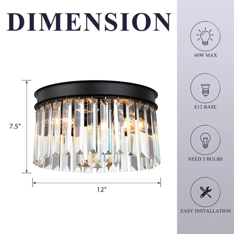 12 Inch Crystal Ceiling Light Black Flush Mount Fixture With Dual Tier K9 Crystal Strips, dimensions and details
