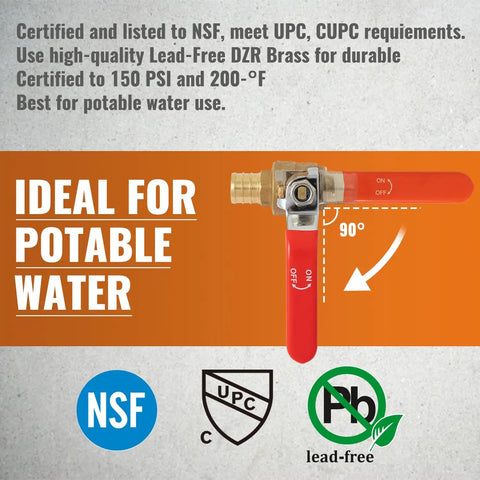 Six Pack Three Quarter Inch PEX Ball Valve Set Brass Full Port Quarter Turn Water Shut Off Valves For Hot And Cold Water With Crimp Fittings Lead Free UPC Certified Blue And Red Handles, showing red valve handle, NSF certification, and lead-free icon.