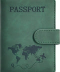 Green Passport Holder With Rfid Blocking And Multiple Card Slots For Smooth Airport Flow And Leisure Travel Adventures. Soft faux leather wallet with world map design.