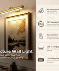 Gold Wireless Picture Lights For Wall Art 2 Pack Rechargeable Wall Spots With Led Battery Screen Dimmable Gallery Bulbs mounted above artwork.