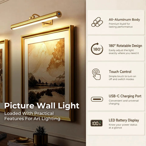 Gold Wireless Picture Lights For Wall Art 2 Pack Rechargeable Wall Spots With Led Battery Screen Dimmable Gallery Bulbs mounted above artwork.