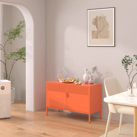 Orange Metal Storage Cabinet With Adjustable Shelves, 2 Door Locker For Home Office Studio against wall with plant