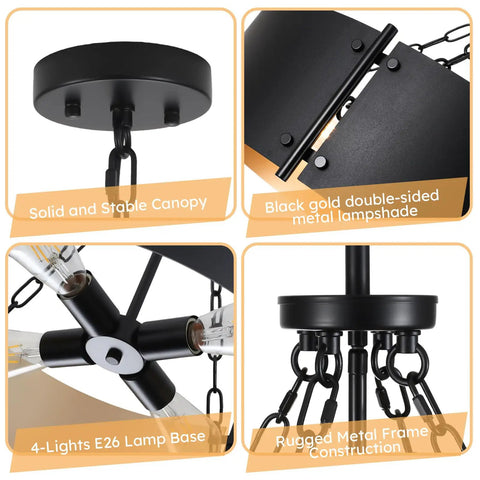Modern Drum Chandelier With Four Lights In Black And Gold For Dining Room Farmhouse Industrial Pendant Lighting details